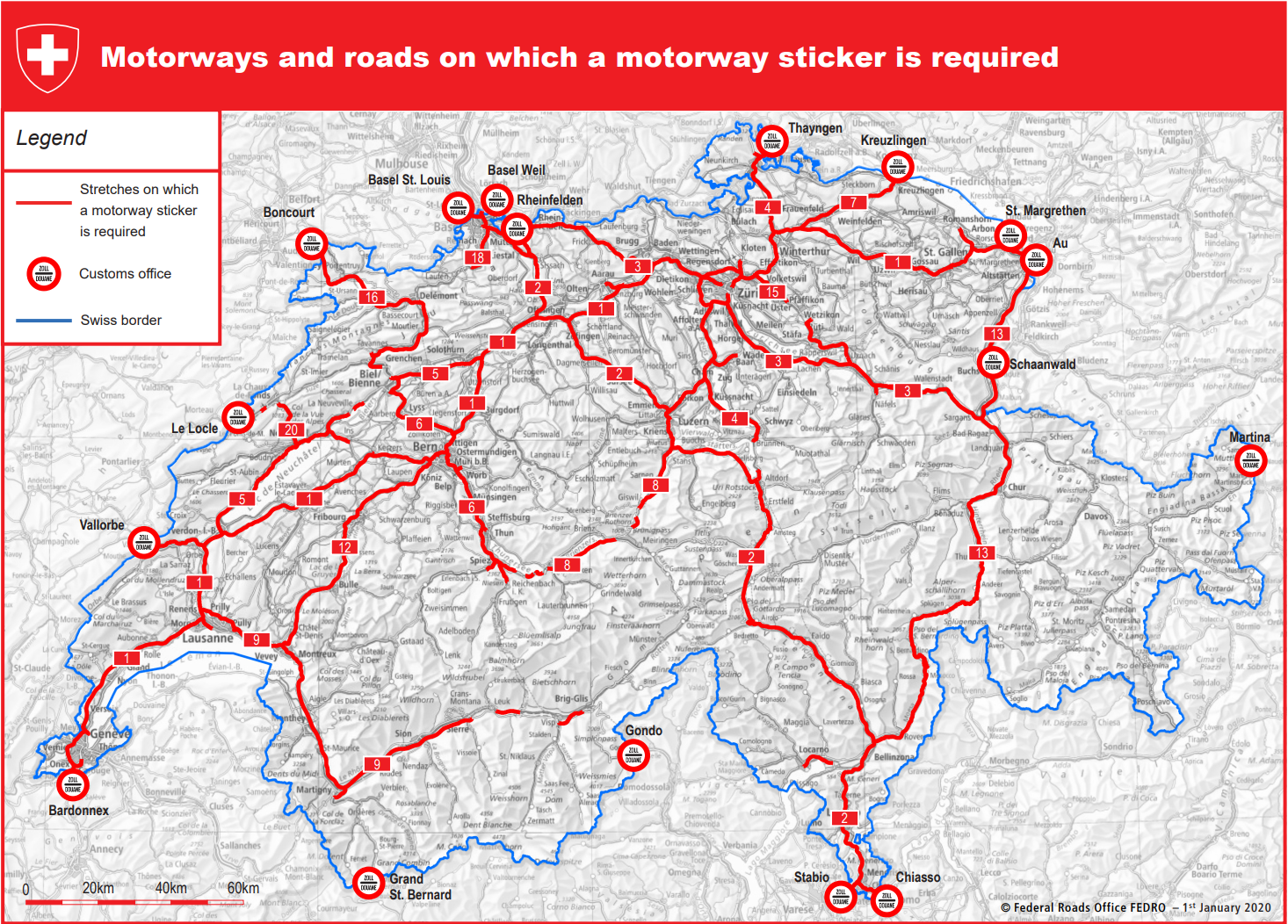 Swiss roads requiring a vignette